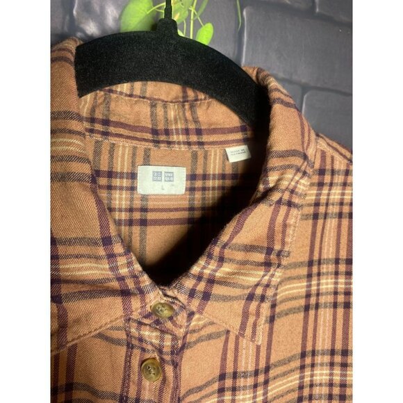 Uniqlo Brown Plaid 90's Comfy Long Sleeved Button Front Flannel Shirt L - Picture 4 of 4
